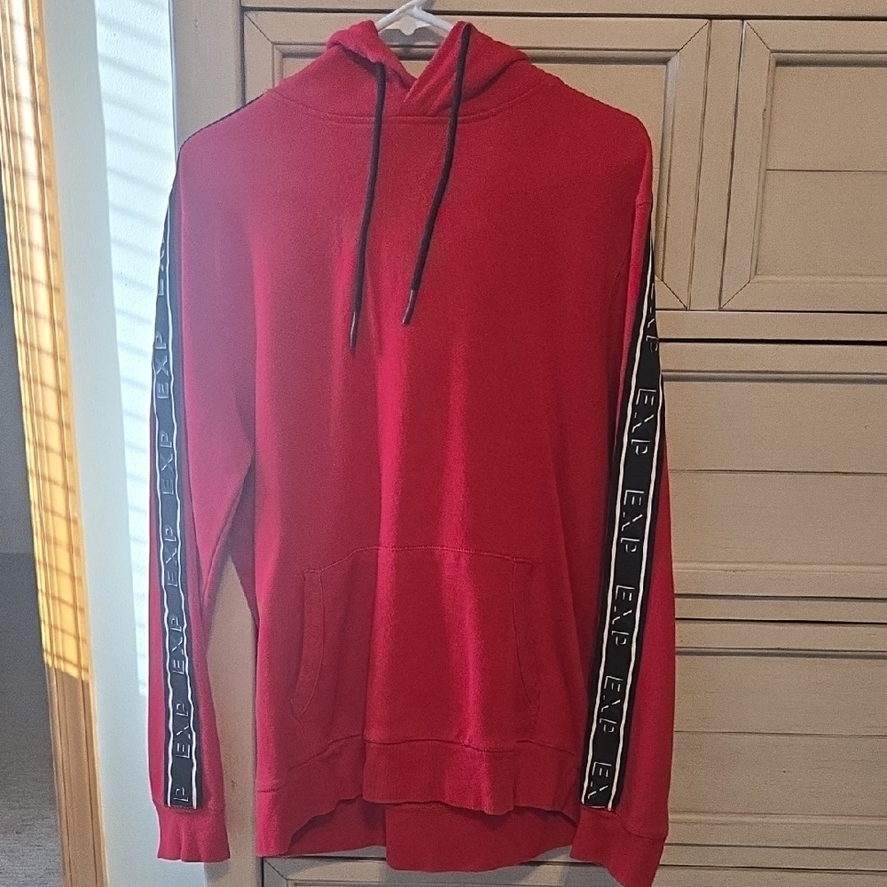 Mens Red Express Hoodie with Black Logo Stripes On Sleeevs. Size Large
